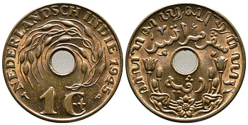 Нидерландская Восточная Индия 1 цент 1945 р, Вильгельмина (1890-1948) KM 317 бронза UNC 4610-1027