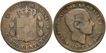 ИСПАНИЯ 5 СЕНТИМО 1879 ОМ, АЛЬФОНСО XII KM 674 бронза 3999-636
