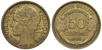 Франция 50 сантимов 1938 тип Morlon KM 894.1, Le Franc 192.14 алюминиевая бронза 4124-347