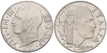 ИТАЛИЯ 20 ЧЕНТЕЗИМО 1941 R, ГОД XIX, ВИКТОР ЭММАНУИЛ III (1900-1946) KM 75b, VEM3. 1028 нержавеющая сталь 3853-652