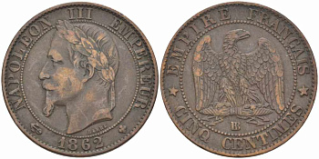ФРАНЦИЯ 5 САНТИМОВ 1862 BB, НАПОЛЕОН III (1852-1870) KM 797.2, LE FRANC 117.6 бронза 108-526