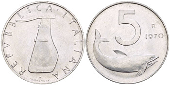 ИТАЛИЯ 5 ЛИР 1970 R, ДЕЛЬФИН, РУЛЬ KM 92 алюминий UNC 4551-123