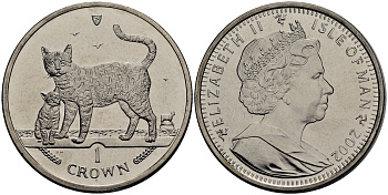 Остров Мэн 1 крона 2002 кошка и котенок КМ 1122 медно-никель UNC M80-20