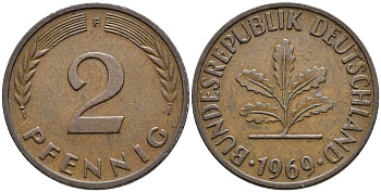 ФРГ 2 ПФЕННИГА 1969 F KM 106a, Jager 381a сталь плакированная сталь плакированная медьюю 4546-954