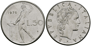 Италия 50 лир 1976 R, бог огня Вулкан у наковальни KM 95.1 нержавеющая сталь 4138-613