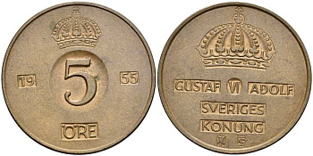 Швеция 5 эре 1955 TS, Густав VI Адольф (1950-1973) KM 822 бронза 4519-326