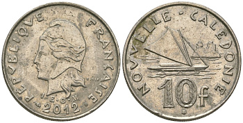 Французская Новая Каледония 10 франков 2012 рыбачья парусная лодка, (IEOM) KM 11a, Schoen 13a, Lec 99k медно-никель 65-137
