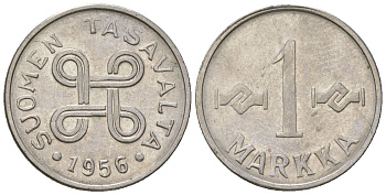 Финляндия 1 марка 1956 KM 36a сталь плакированная железом 4173-1121