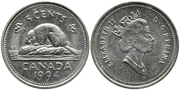 КАНАДА 5 ЦЕНТОВ 1994 ЕЛИЗАВЕТА II (1952-), БОБР, ТРЕТИЙ ПОРТРЕТ В КОРОНЕ KM 182 медно-никель 4543-713