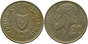 Кипр 20 центов 1991 KM 62.2 никель латунь 4402-214