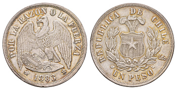 Чили 1 песо 1883 KM 142.1 серебро aUNC 00-810-68