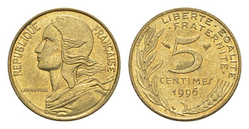 Франция 5 сантимов 1996 тип Morlon KM 933, Le Franc 125.38 алюминиевая бронза UNC 4630-351