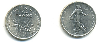 Франция 1/2 франка 1965 сеятель KM 931, Le Franc 198.3 никель 25-724