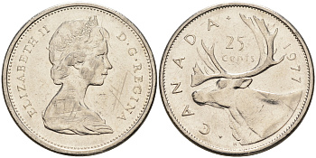 Канада 25 центов 1977 Елизавета II (1952-2022), олень карибу KM 62b никель 4150-451