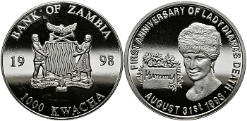 Замбия 1000 квача 1998 годовщина гибели леди Дианы, 31 августа 1998 KM 180 медно-никель PROOF 11-231-23