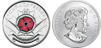 Канада 25 центов 2004 никто не забыт, день памяти, цветок мака, 90 лет с начала первой мировой войны, эмаль KM 510 никелированная сталь UNC M47-09