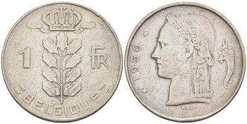 БЕЛЬГИЯ 1 ФРАНК 1950 BELGIQUE KM 142.1 медно-никель 68-627