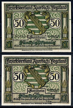 Ауэрбах-им-Фогтланд (Саксония) 50 пфеннигов 1921 Mehl Grabowski 53.1a-1.1 бумага UNC (пресс) 7556-40-2-2