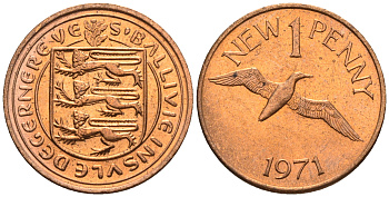 Гернси 1 пенc 1971 Елизавета II (1952-2022), северная олуша в полете KM 21 бронза  UNC  220-1219