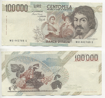 Италия 100000 лир 1983 Караваджо, фруктовый букет, подпись Speziali Pick 110b бумага 7220-21-1