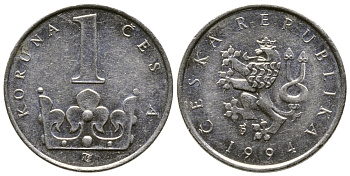 Чехия 1 крона 1994 KM 7 сталь плакированная никелем 220-424