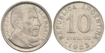 Аргентина 10 сентаво 1953 генерал Хосе де Сан Мартин KM 47a, Schon 50a.1 сталь плакированная никелем    4609-1162