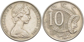 Австралия 10 центов 1966 Елизавета II (1952-), птица лирахвост KM 65 медно-никель 4521-212