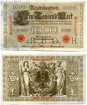 Германия 1000 марок 1910 21 апреля 1910, Буква H, номер семизначный, серия Е, выпуск (05-09.1921) Pick 44, Розенберг 45с бумага 8618-15-1-1