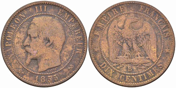 Франция 10 сантимов 1855 B, Наполеон III (1852-1870) KM 771.2, Le Franc 133.21 бронза    4680-522