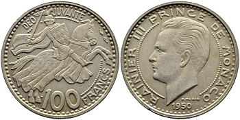 Монако 100 франков 1950 Ренье III (1949-2005) KM 133 медно-никель 4389-1244