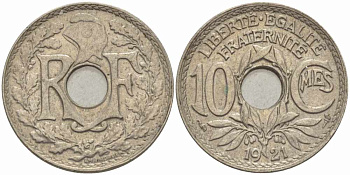 Франция 10 сантимов 1921 тип Линдайё KM 866a, Le Franc 138.3 медно-никель 108-132