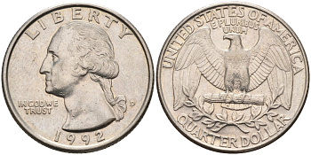США 25 центов (квотер) 1992 D, Вашингтон KM A164a медь плакированная медно-никелем 181-522