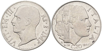 ИТАЛИЯ 20 ЧЕНТЕЗИМО 1941 R, ГОД XIX, ВИКТОР ЭММАНУИЛ III (1900-1946) KM 75b, VEM3. 1028 нержавеющая сталь 3853-657