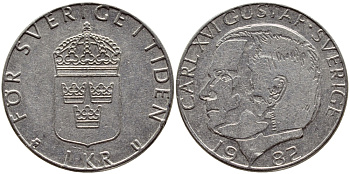 Швеция 1 крона 1982 Карл XVI Густав (1973- ) KM 852a медно-никель 4397-1054