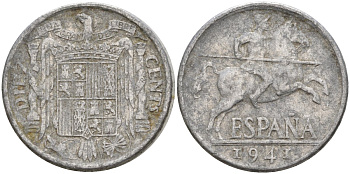 Испания 10 сентимо 1941 Франсиско Франко (1939 - 1975) KM 766 алюминий 4155-215