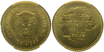 Сьерра-Леоне 1 гольде 1966 (1961-1966) пятая годовщина независимости, лев, в слабе PCGS MS 66 KM 24 золото  UNC  10-001-02