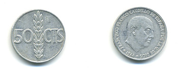 Испания 50 сентимо 1966 (68) Франсиско Франко (1939-1975) KM 795 алюминий 80-1136