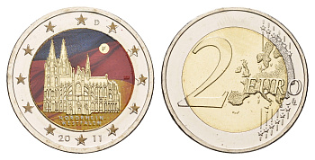 Германия 2 евро 2011 F, серия федеральные земли, Северный Рейн-Вестфалия, Кельнский собор, цветное покрытие KM 293 биметалл UNC 1084-7-75