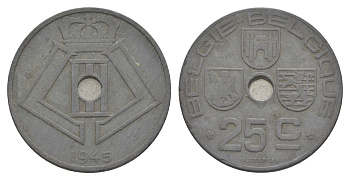 Бельгия 25 сантимов 1945 Belgie - Belgique, Леопольд III (1934-1947), германская оккупация, Вторая мировая война KM 132 цинк 4619-847