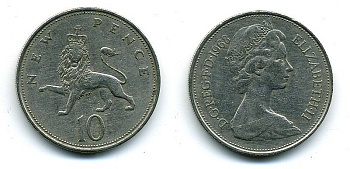 Великобритания 10 пенсов 1968 Елизавета II (1952-2022) KM 912, Spink 4231 (F1) медно-никель  4110-1044