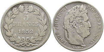 Франция 5 франков 1832 W, Луи Филипп I (1830-1848) KM 749.13 серебро 1066-6-44