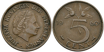 НИДЕРЛАНДЫ 5 ЦЕНТОВ 1960 ЮЛИАНА KM 181 бронза 95-342