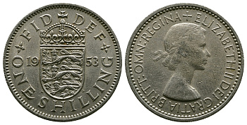 Великобритания 1 шиллинг 1953 Елизавета II (1952-2022), Английский герб KM 890, Spink 4139 медно-никель 4384-243