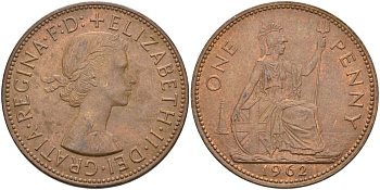 Великобритания 1 пенни 1962 Елизавета II (1952-2022) KM 897, Spink 4157 бронза 4117-1236
