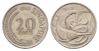 Сингапур 20 центов 1969 голубой марлин, тунец KM 4 медно-никель aUNC 4511-555