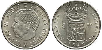 Швеция 2 кроны 1956 TS, Густав VI Адольф (1950-1973) KM 827 серебро 221-545