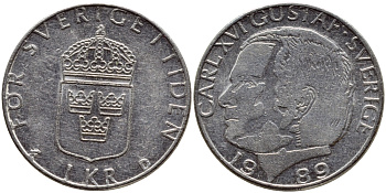 Швеция 1 крона 1989 Карл XVI Густав (1973- ) KM 852a медно-никель 4397-1257