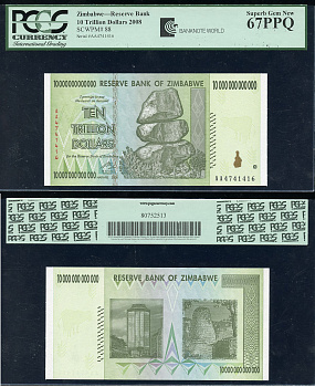 Зимбабве 10000000000000 (10 триллионов) долларов 2008 камни Чиремба, развалины, в слабе PCGG 67 Superb Gem Uncirculated Pick 88  бумага  UNC (пресс) 452-1-136