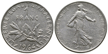 Франция 1 франк 1964 сеятель KM 925.1, Le Franc 226.8 никель 93-1435