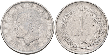 Турция 1 лира 1966 Мустафа Кемаль Ататюрк  KM 889a.1 нержавеющая сталь 4595-514